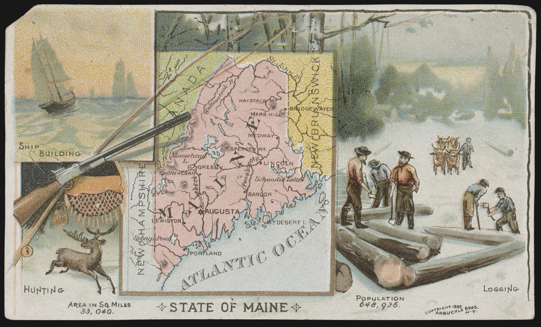 Chromolithographic trading card showing logging, sailing, and hunting scenes from the state of Maine.